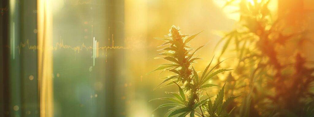 a vibrant cannabis plant thrives under a soft golden light, symbolizing growth and success in seo optimization, with blurred analytical graphs and metrics subtly in the background.