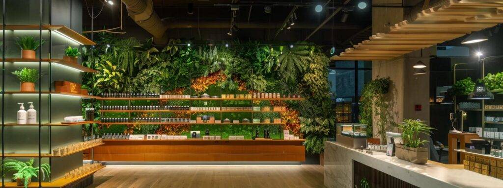 a vibrant cannabis retail space brimming with greenery, featuring a sleek display of products under soft, ambient lighting, emphasizing digital marketing tools and growth strategies in a modern atmosphere.