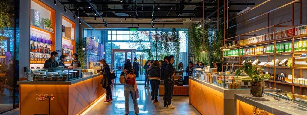 a vibrant cannabis storefront bustling with customers, illuminated by warm, inviting lighting, showcasing a diverse array of cannabis products elegantly arranged to emphasize a modern and engaging atmosphere of high-impact marketing success.