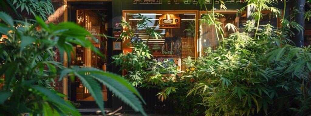 a vibrant cannabis storefront illuminated by sunlight, showcasing lush greenery and eye-catching signage that reflects the unique essence of cannabis seo, with a bustling local community in the background.