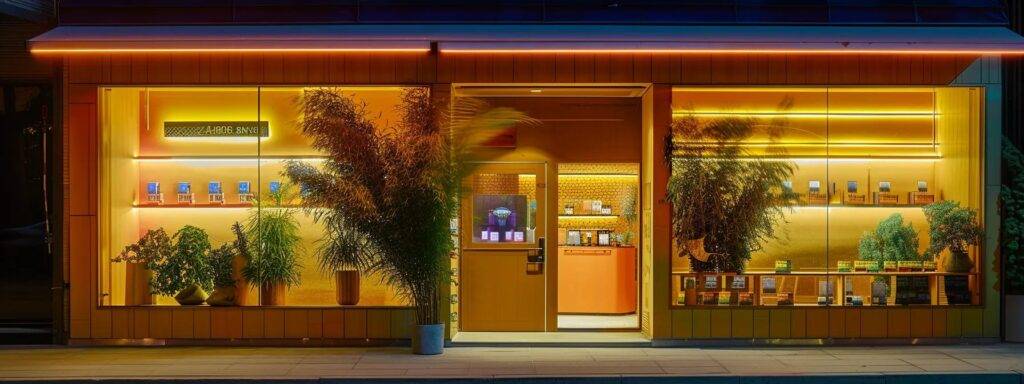 a vibrant cannabis storefront illuminated by warm golden light, showcasing a lively atmosphere that conveys advanced marketing strategies with bold visuals of digital technology and engagement metrics prominently displayed in the ambiance.