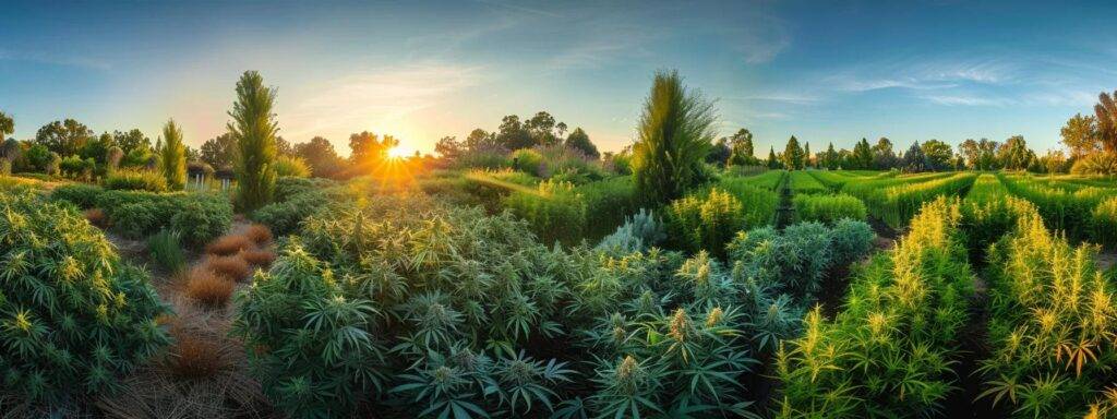 a vibrant, lush cannabis garden under golden sunlight, symbolizing growth and success, with a backdrop of a clear blue sky, reflecting the essence of effective seo strategies for thriving businesses.