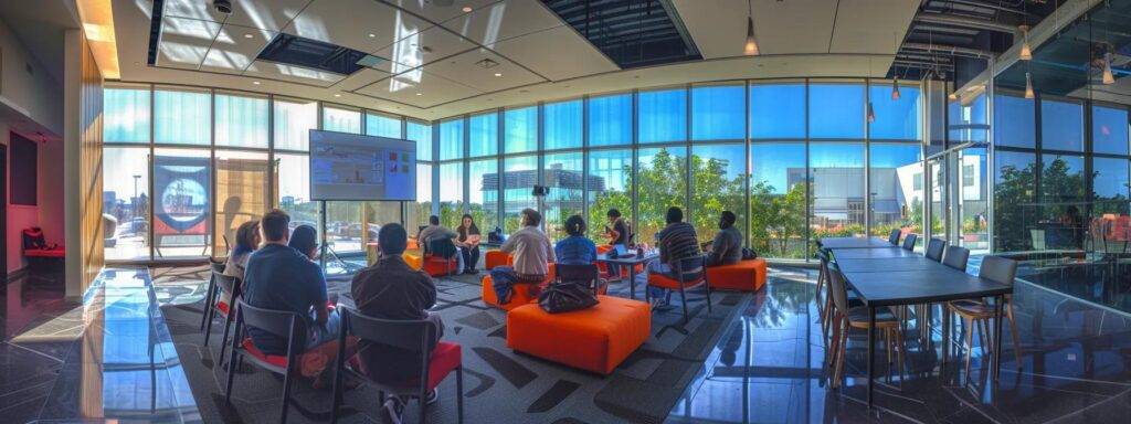 a vibrant, modern office workspace showcases a diverse team engaged in a strategic brainstorming session, illuminated by soft natural light filtering through large windows, symbolizing innovation and collaboration in the cannabis seo industry.