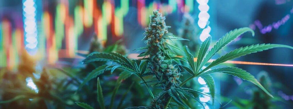 a vibrant social media feed, bursting with colorful cannabis-themed visuals and engaging content, showcases the dynamic intersection of digital marketing and brand recognition in the cannabis industry against a backdrop of growth charts and interconnected networks.