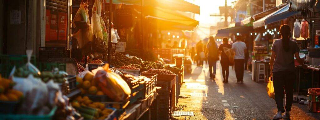 a vibrant street market bustling with colorful cannabis products, illuminated by golden sunset light, conveying a sense of growth and opportunity in a thriving, dynamic environment.