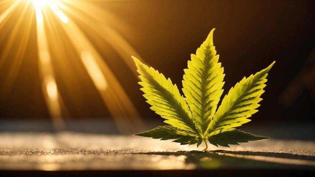 a vibrant cannabis leaf bathed in golden sunlight, symbolizing enhanced visibility and growth, set against a sleek, modern backdrop that conveys expertise in seo services.